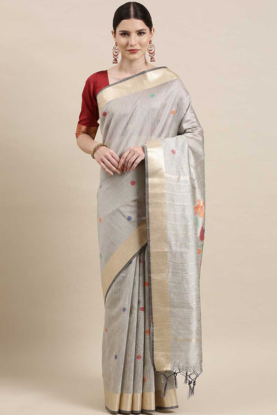 Buy Priyanka Grey Polka Dot Cotton Silk One Minute Saree Online - One Minute Saree