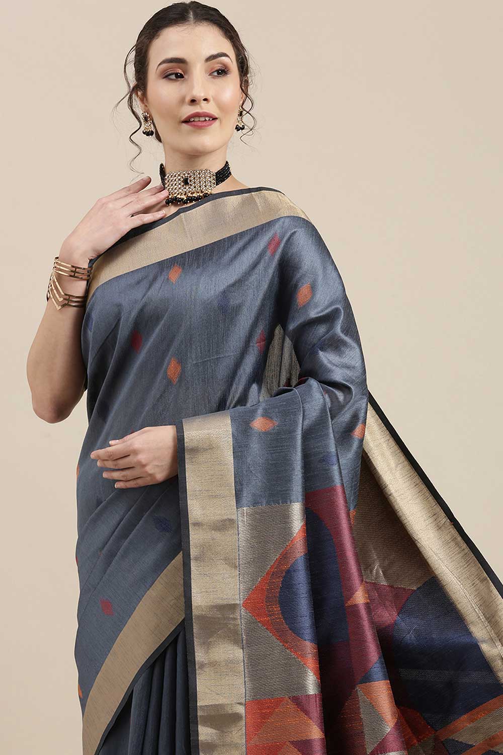 Buy Rita Grey Banarasi Cotton Silk One Minute Saree Online - Back