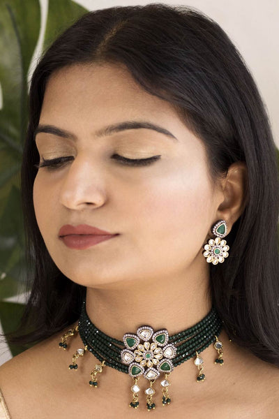 Buy Lena Green Stone Necklace & Earrings Set Online - One Minute Saree