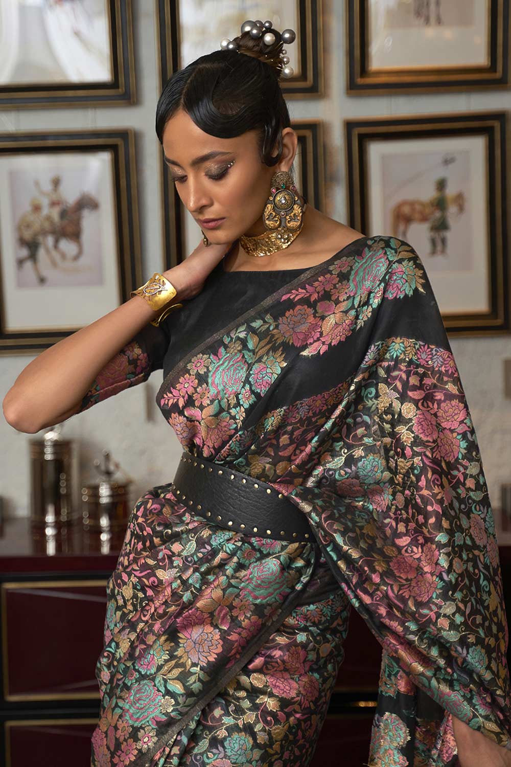Shop Therese Black Art Silk Floral Design One Minute Saree at best offer at our  Store - One Minute Saree
