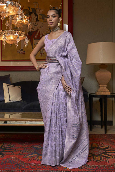 Buy Lila Lavender Art Silk Floral Banarasi One Minute Saree Online - One Minute Saree