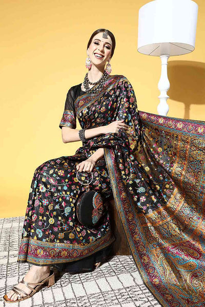 Buy Heena Black Art Silk Floral One Minute Saree Online