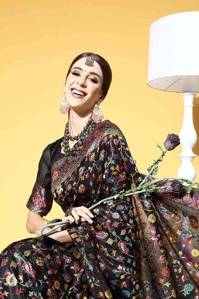 Buy Heena Black Art Silk Floral One Minute Saree Online - Back