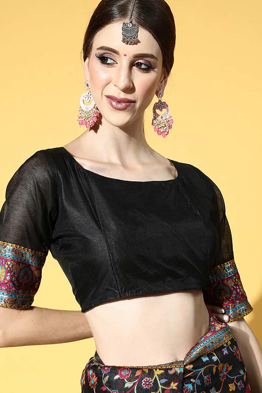 Buy Heena Black Art Silk Floral One Minute Saree Online - Front