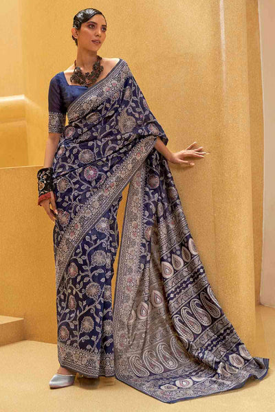 Buy Soni Navy Blue Art Silk Floral Muga One Minute Saree Online - One Minute Saree
