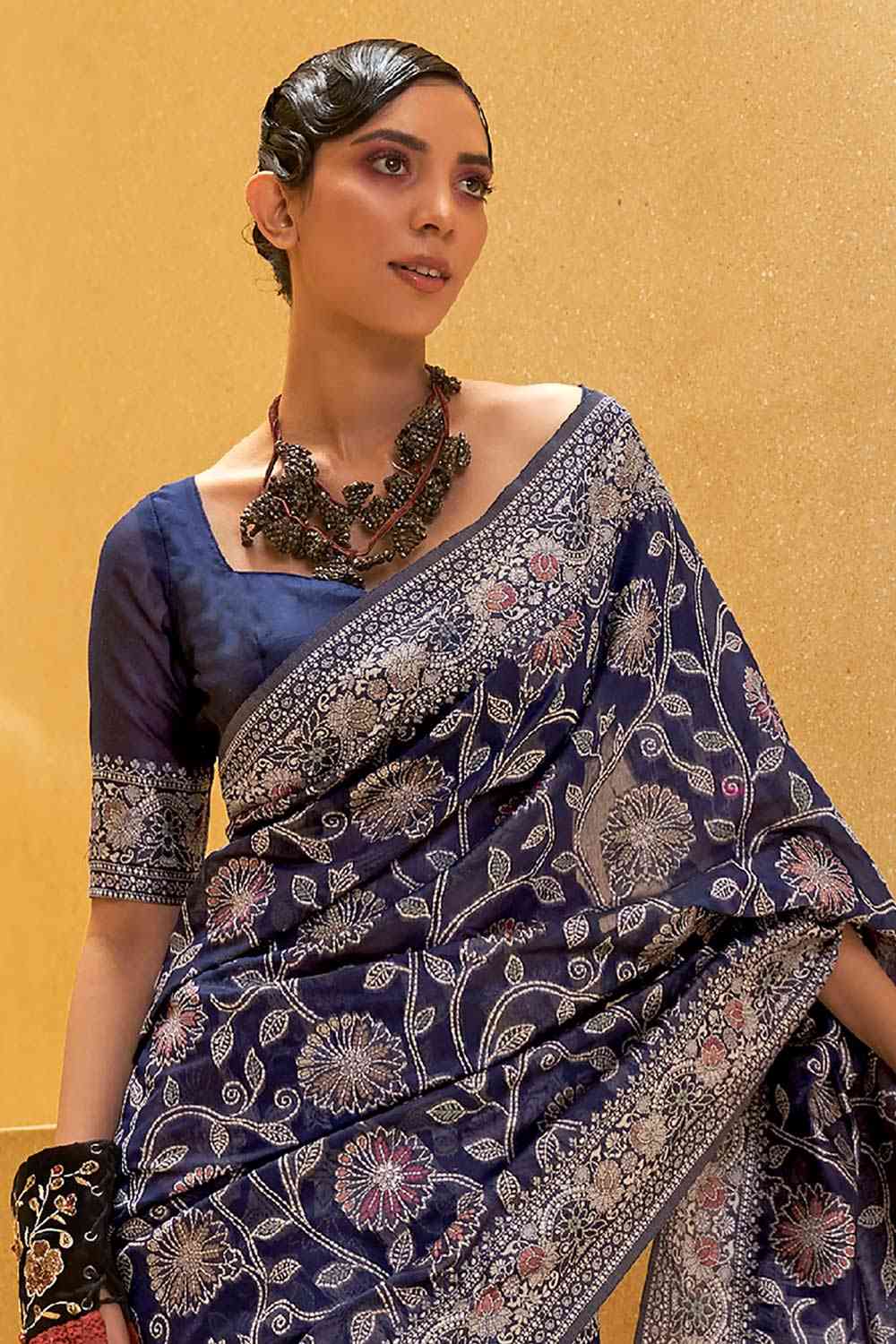Buy Soni Navy Blue Art Silk Floral Muga One Minute Saree Online