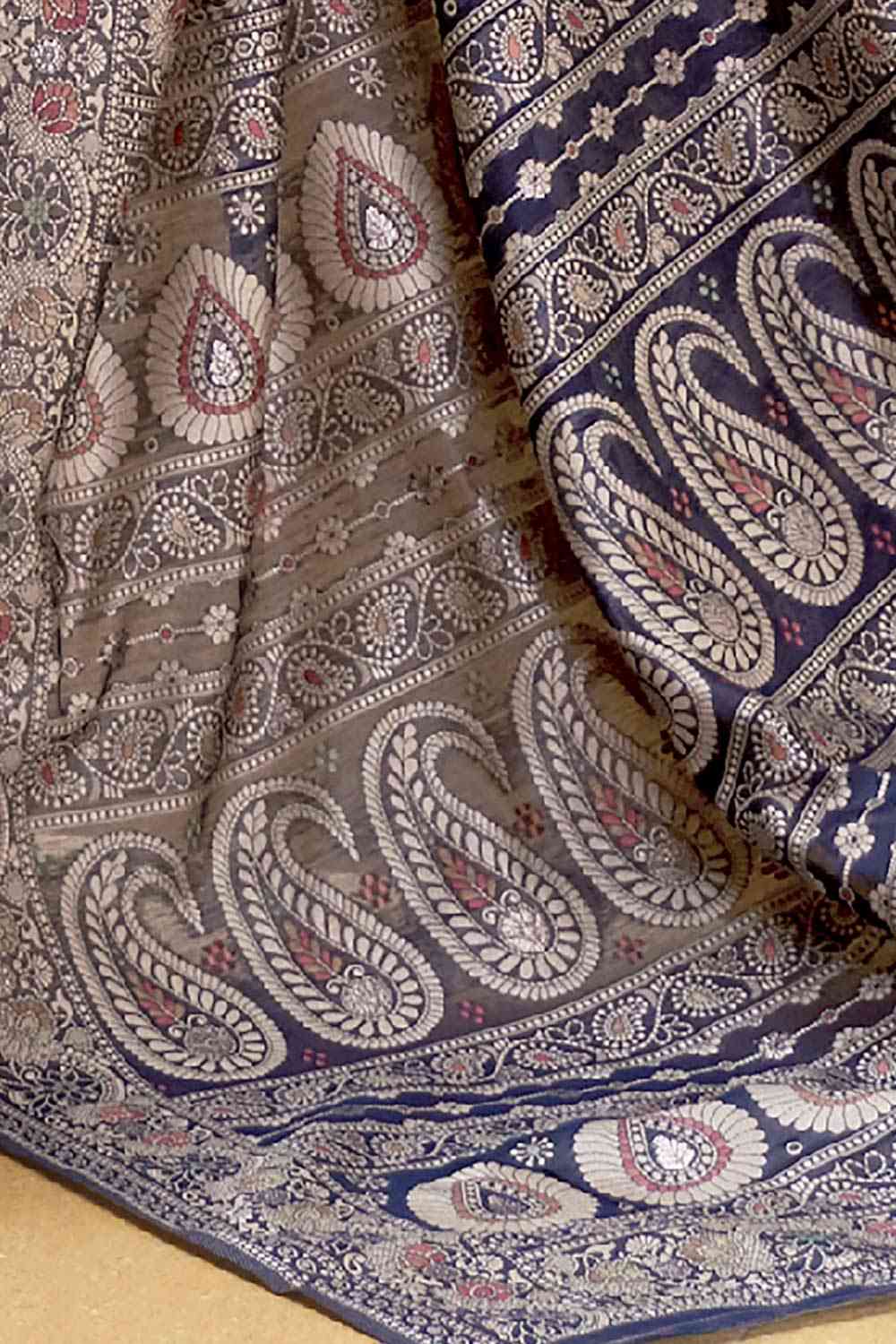 Buy Soni Navy Blue Art Silk Floral Muga One Minute Saree Online - Back