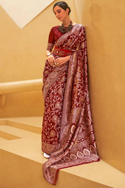Buy Mandira Burgundy Art Silk Floral Muga One Minute Saree Online - One Minute Saree