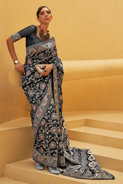 Buy Asha Charcoal Grey Art Silk Floral Muga One Minute Saree Online - One Minute Saree