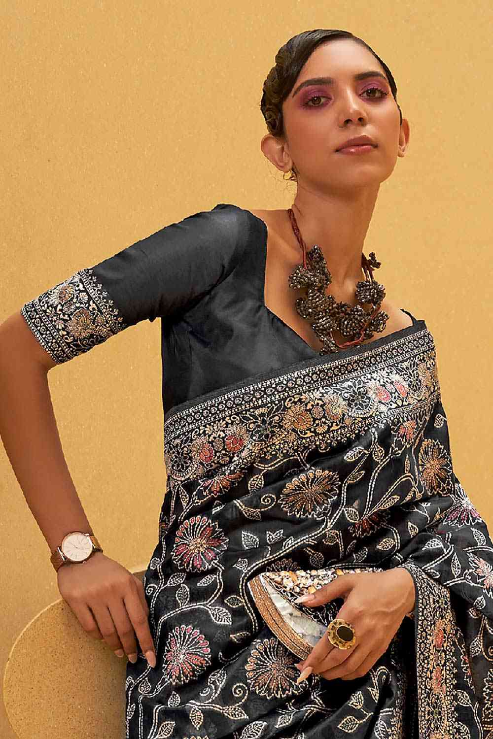 Buy Asha Charcoal Grey Art Silk Floral Muga One Minute Saree Online