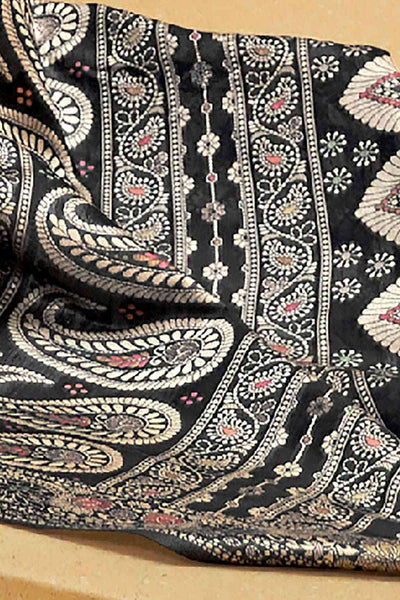Buy Asha Charcoal Grey Art Silk Floral Muga One Minute Saree Online - Back