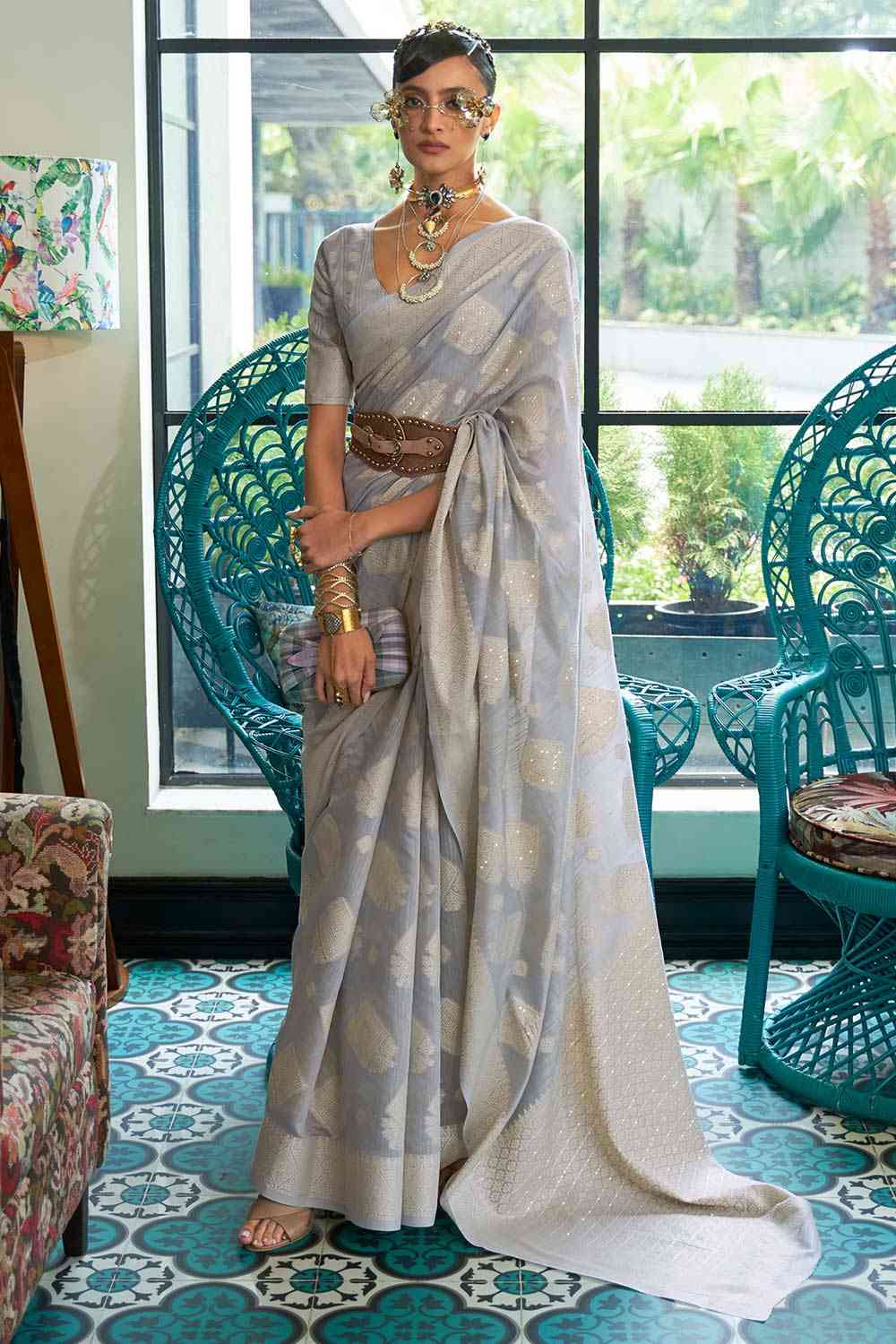 Buy Alisha Grey Silk Blend Bagh Chikankari Muga One Minute Saree Online - One Minute Saree