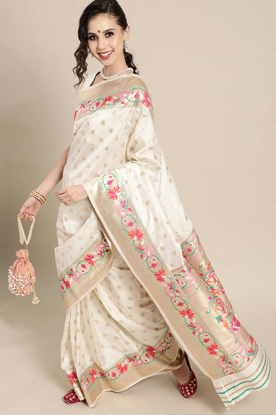Buy Diya Off White Silk Blend Floral Woven Banarasi One Minute Saree Online - One Minute Saree