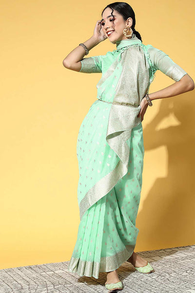 Buy Minerva Green Modal Floral Design Banarasi One Minute Saree Online - One Minute Saree