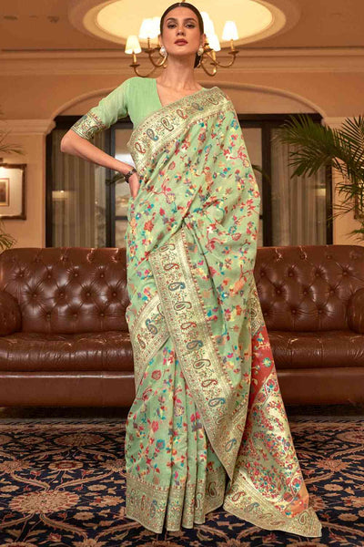 Buy Pista Green Art Silk Floral One Minute Saree Online - One Minute Saree