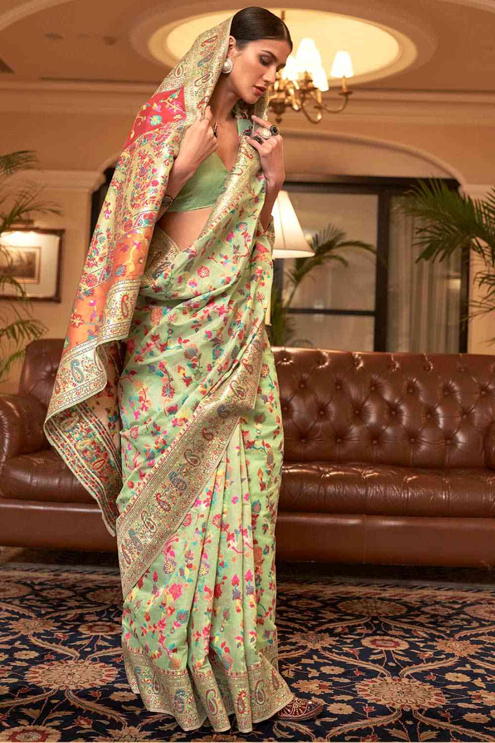 Shop Pista Green Art Silk Floral One Minute Saree at best offer at our  Store - One Minute Saree