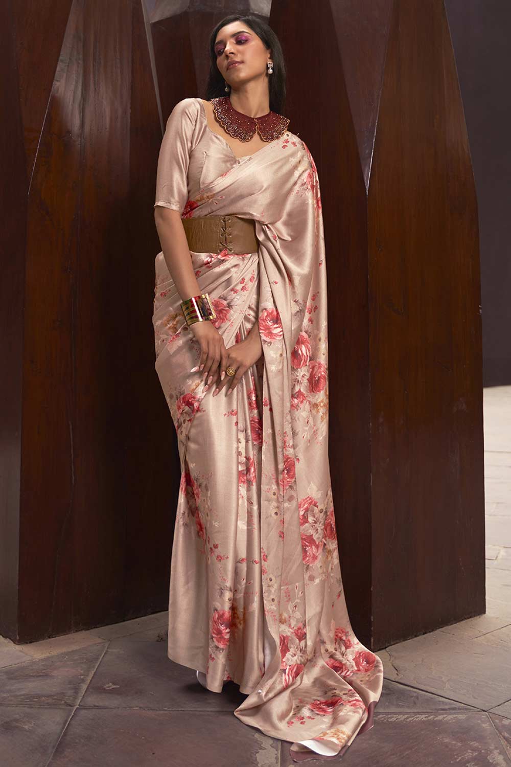Shop Lisa Beige Satin Silk Floral Print One Minute Saree at best offer at our  Store - One Minute Saree