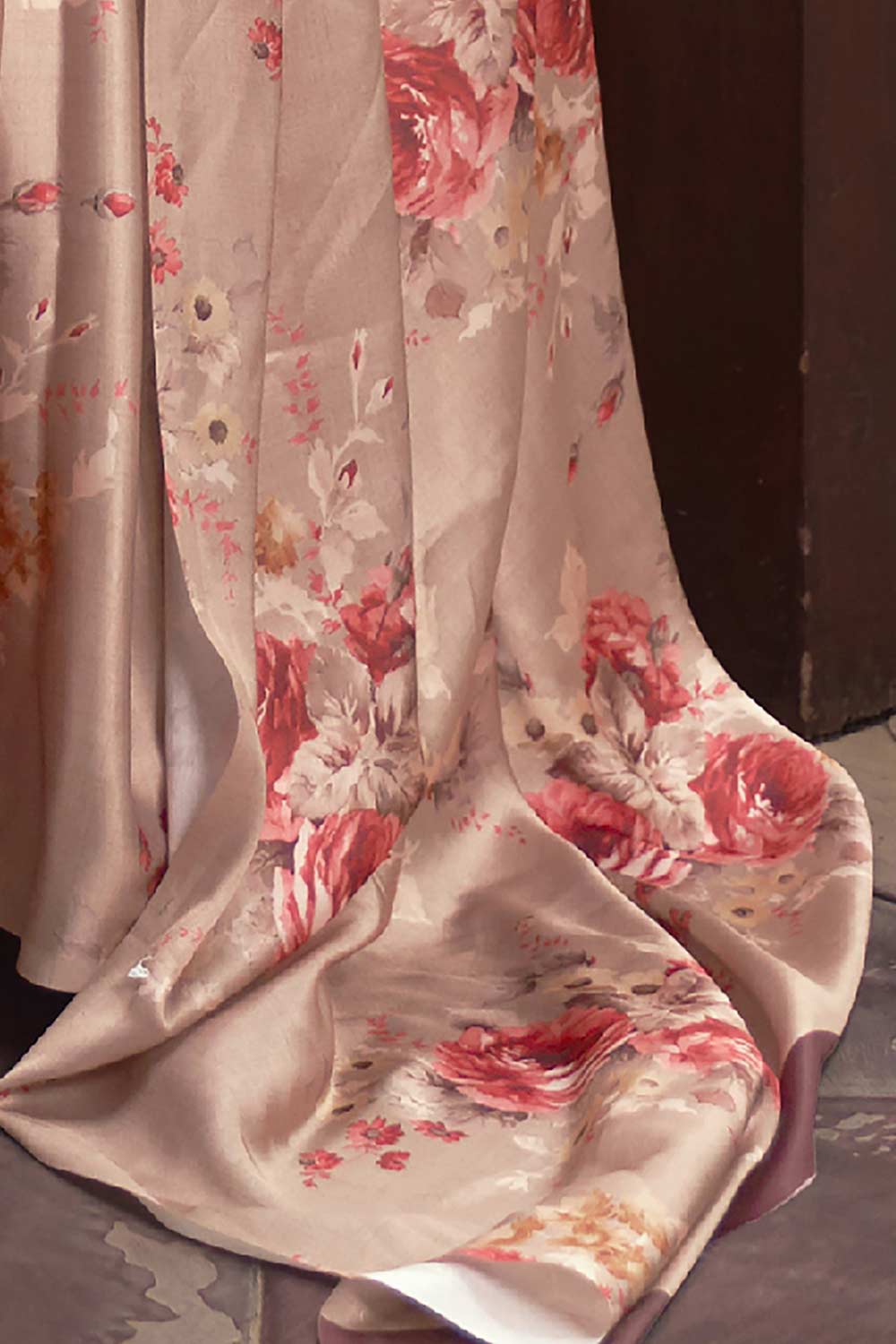 Buy Lisa Beige Satin Silk Floral Print One Minute Saree Online - Back