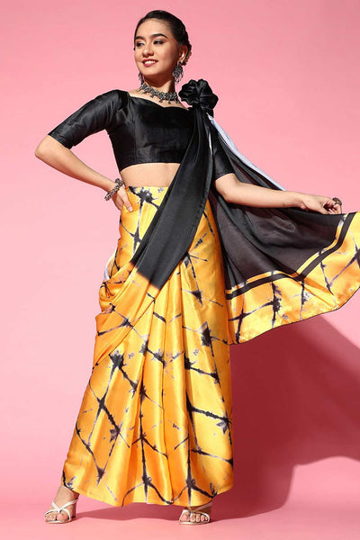 Buy Zeenat Yellow & Black Crepe Tie Dye One Minute Saree Online - One Minute Saree