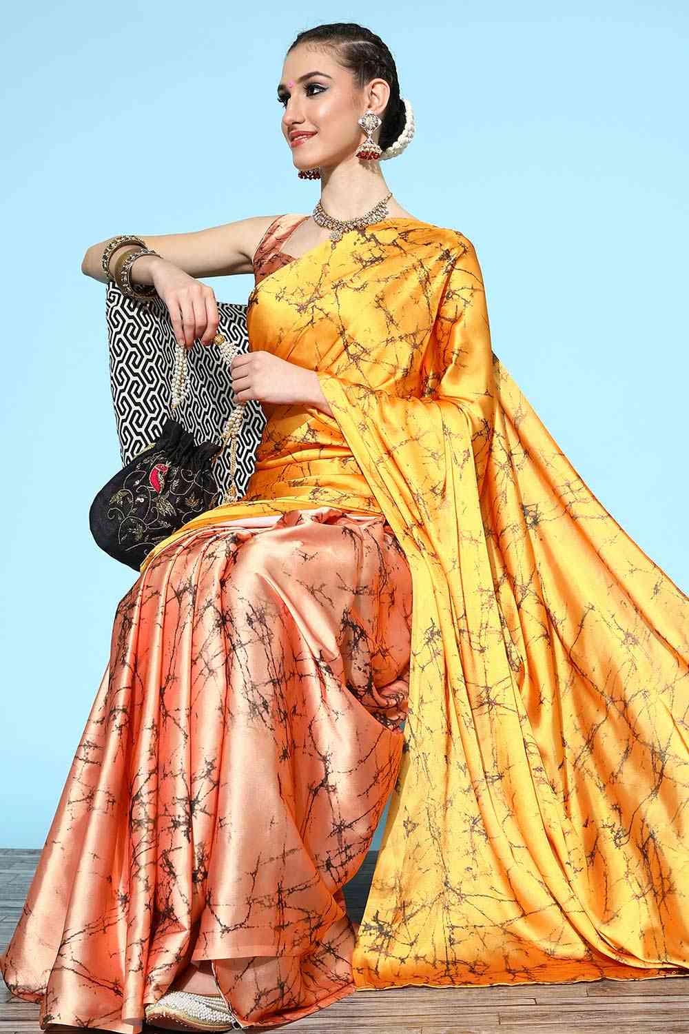 Buy Addison Yellow Crepe Tie Dye Print One Minute Saree Online - Back
