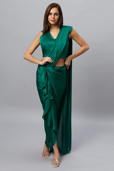 Buy Lillia Emerald Green Satin Silk Sarong Saree Online - One Minute Saree