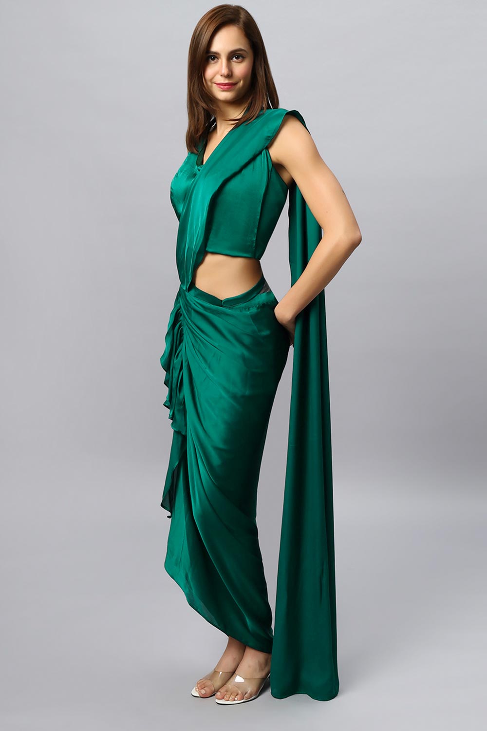Buy Lillia Emerald Green Satin Silk Sarong Saree Online - Back