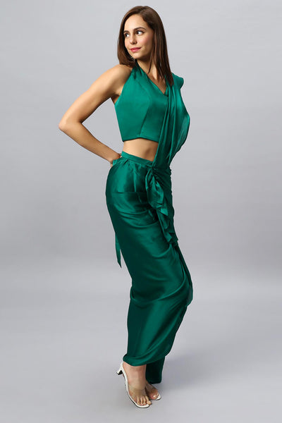 Buy Lillia Emerald Green Satin Silk Sarong Saree Online - Front