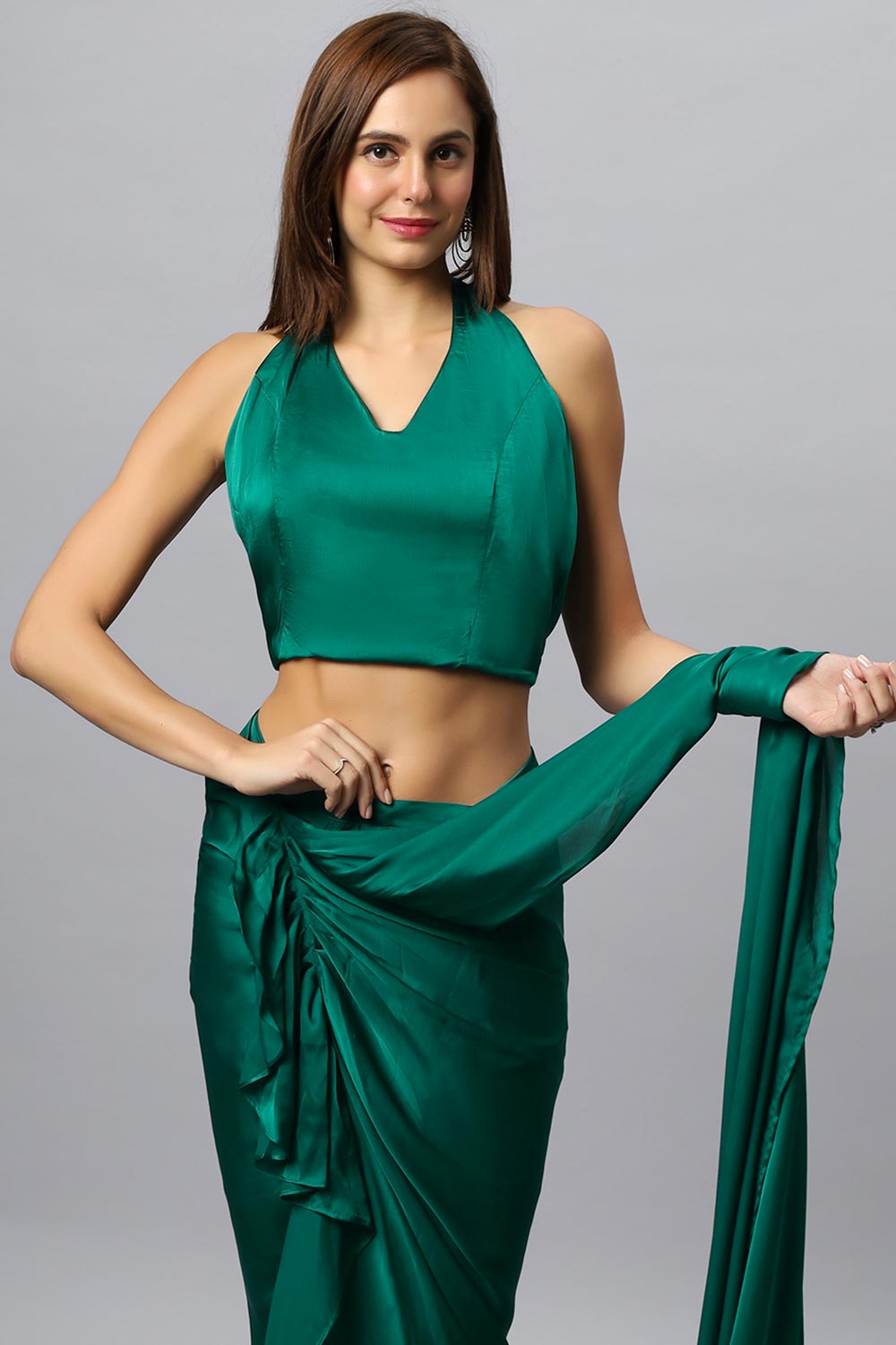 Buy Lillia Emerald Green Satin Silk Sarong Saree Online - Zoom In