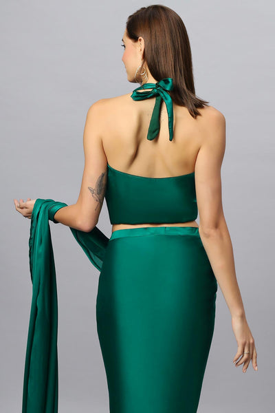 Buy Lillia Emerald Green Satin Silk Sarong Saree Online - Zoom Out