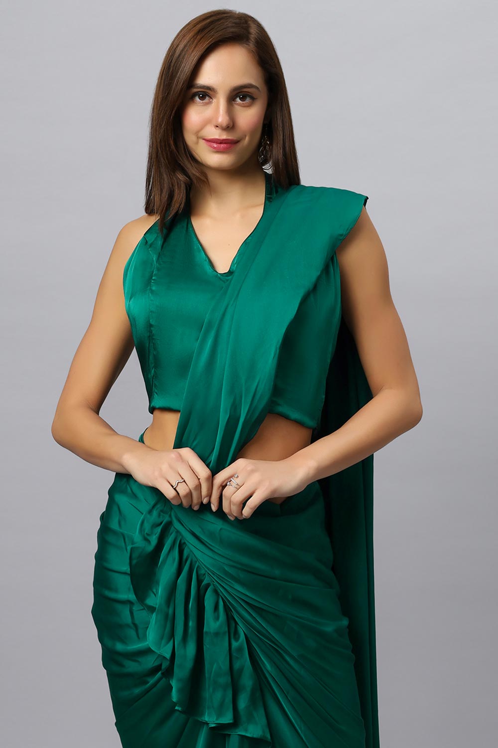 Buy Lillia Emerald Green Satin Silk Sarong Saree Online - Side
