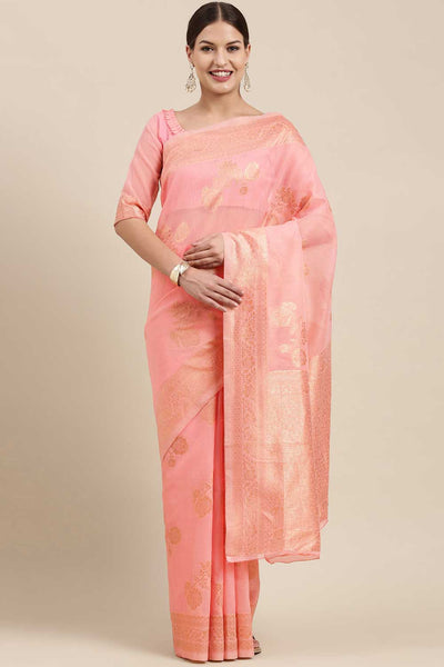 Buy Kiku Peach Floral Woven Blended Linen One Minute Saree Online - One Minute Saree