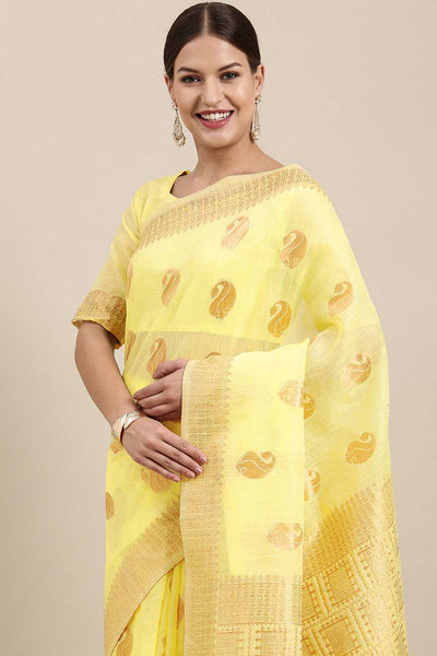 Buy Joyce Lemon Yellow Bagh Blended Linen One Minute Saree Online - Back