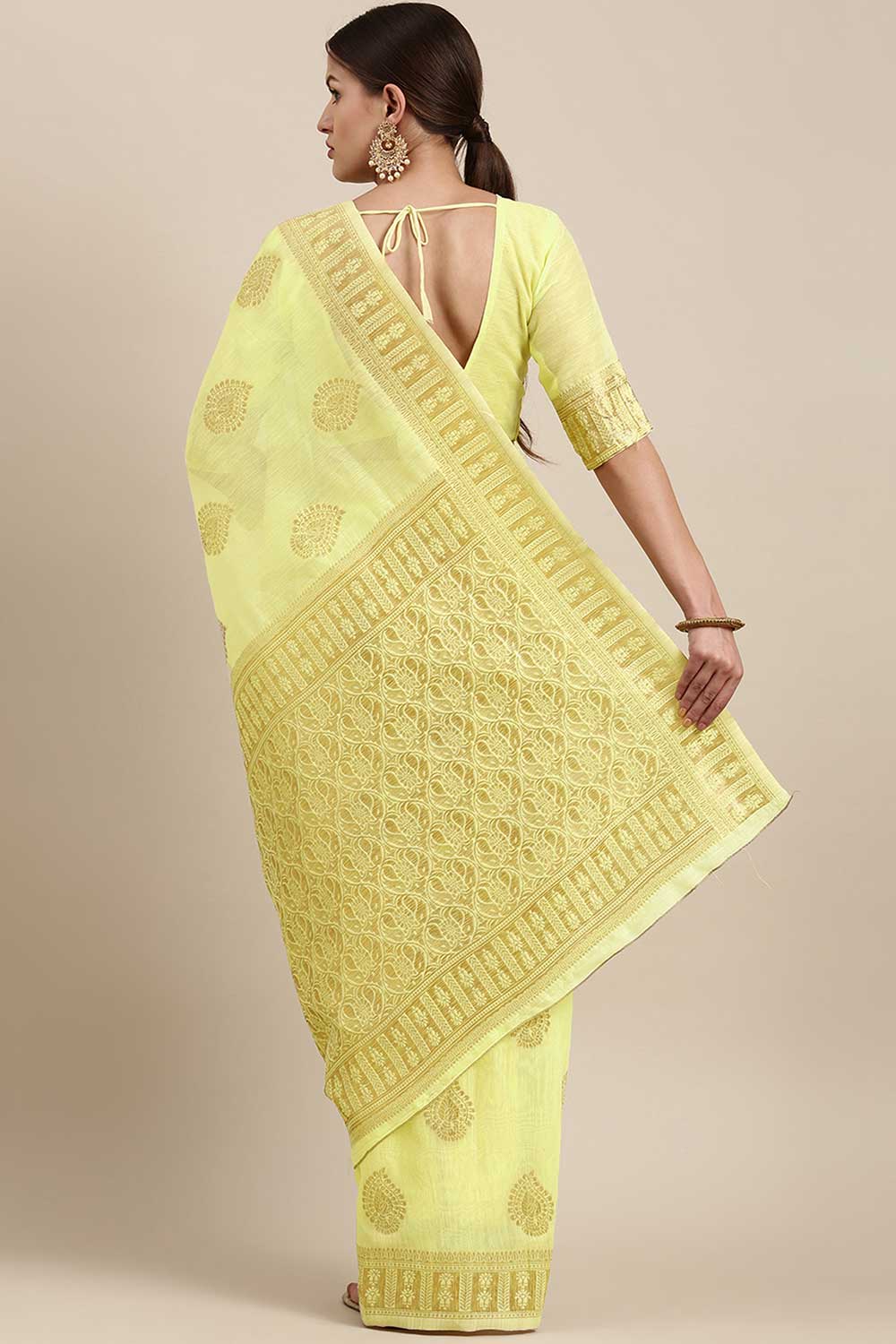 Shop Martina Lemon Yellow Bagh Blended Linen One Minute Saree at best offer at our  Store - One Minute Saree