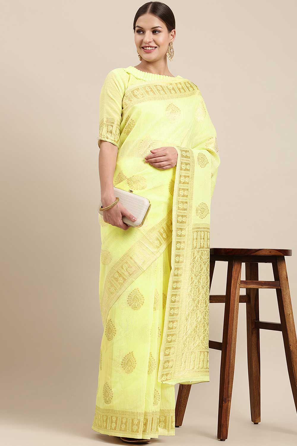 Buy Martina Lemon Yellow Bagh Blended Linen One Minute Saree Online