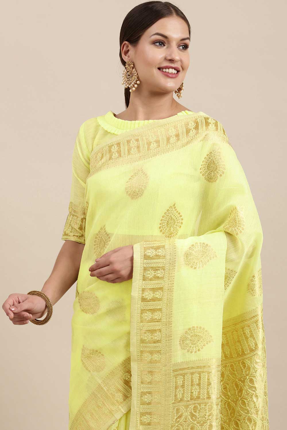 Buy Martina Lemon Yellow Bagh Blended Linen One Minute Saree Online - Back