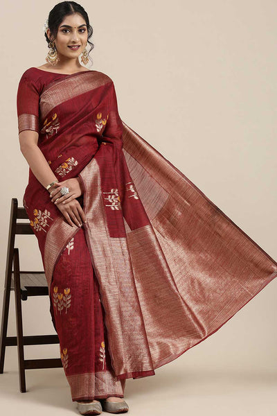 Buy Emi Burgundy Floral Woven Linen One Minute Saree Online - One Minute Saree