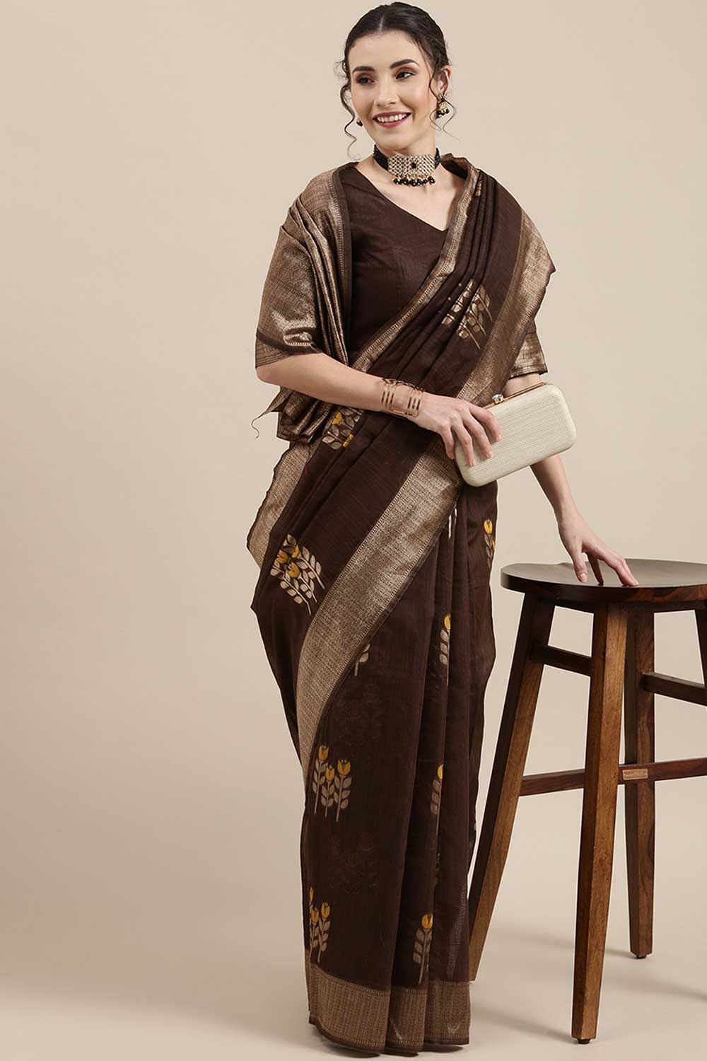 Buy Isha Brown Floral Woven Linen One Minute Saree Online