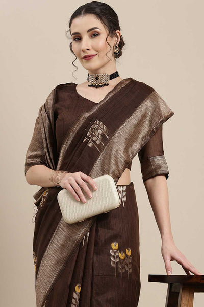 Buy Isha Brown Floral Woven Linen One Minute Saree Online - Back