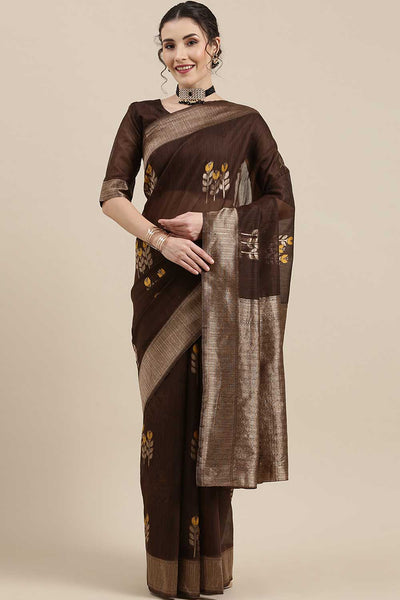 Buy Isha Brown Floral Woven Linen One Minute Saree Online - One Minute Saree