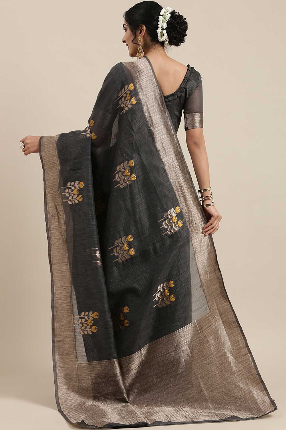 Shop Zohra Grey Floral Woven Linen One Minute Saree at best offer at our  Store - One Minute Saree