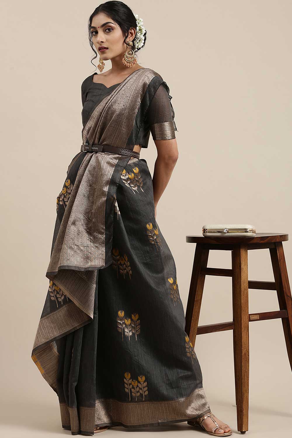 Buy Zohra Grey Floral Woven Linen One Minute Saree Online