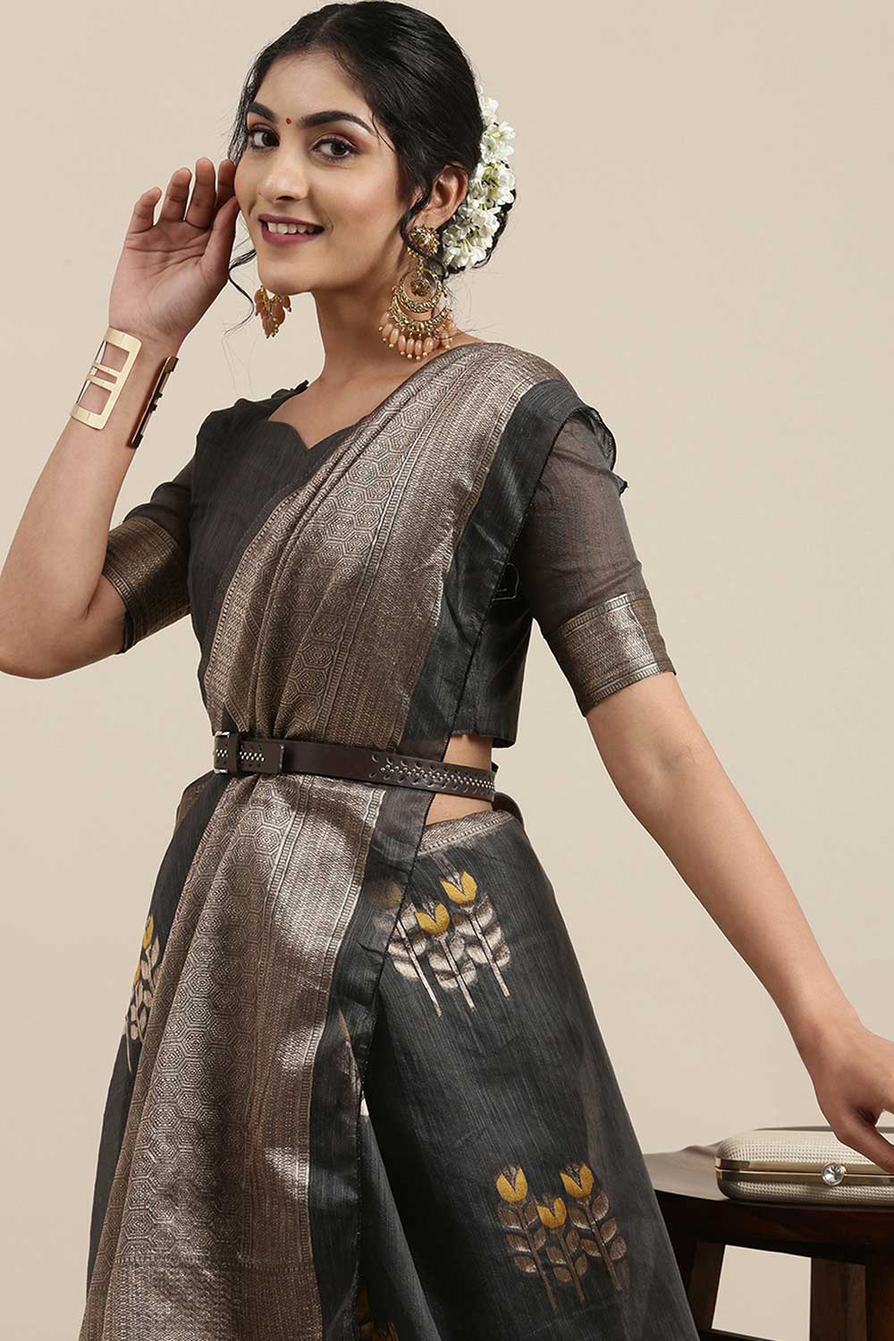 Buy Zohra Grey Floral Woven Linen One Minute Saree Online - Back