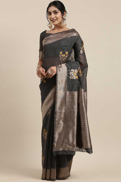 Buy Zohra Grey Floral Woven Linen One Minute Saree Online - One Minute Saree