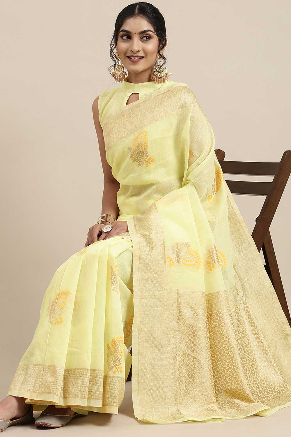 Buy Josie Yellow Floral Woven Linen One Minute Saree Online