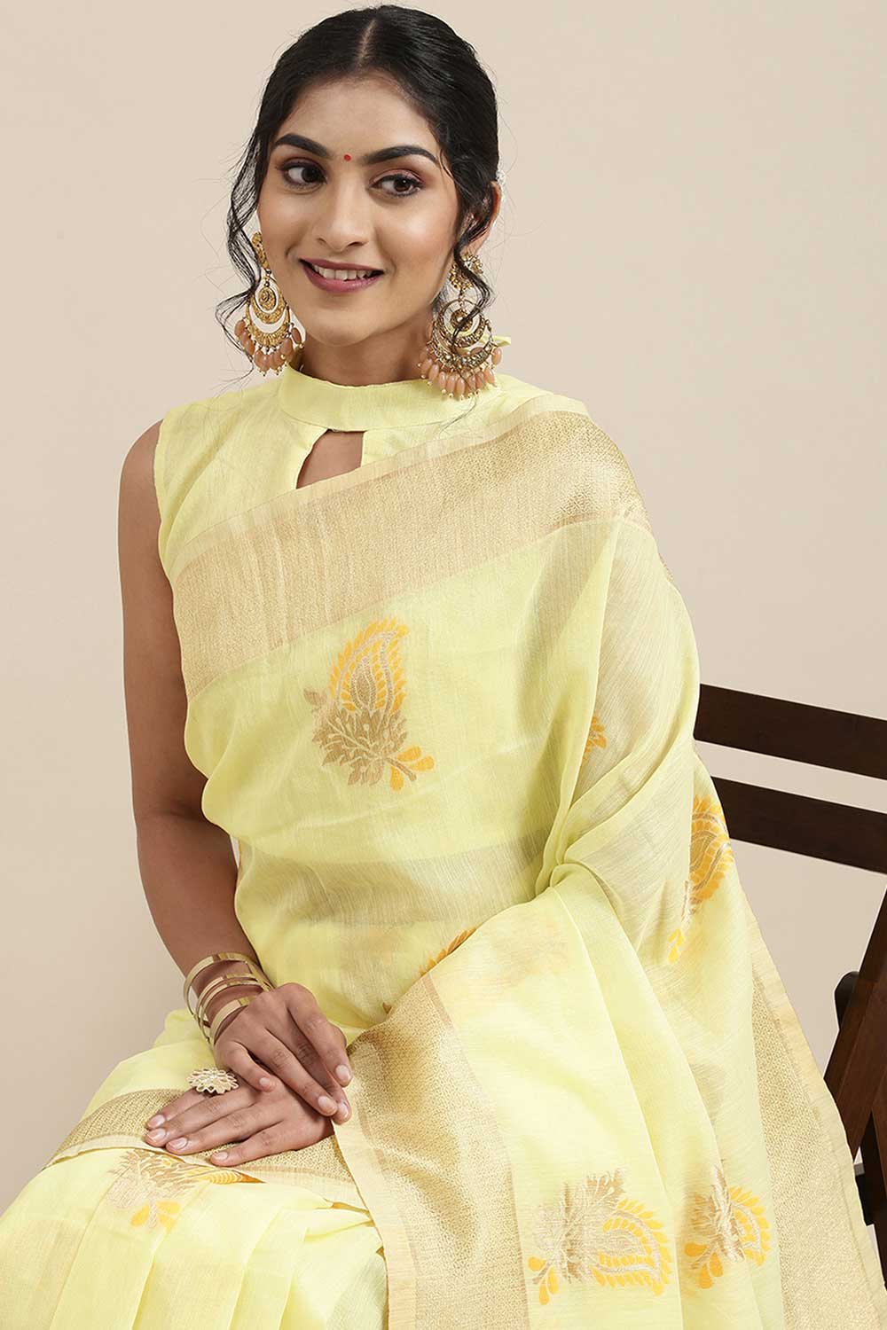 Buy Josie Yellow Floral Woven Linen One Minute Saree Online - Back