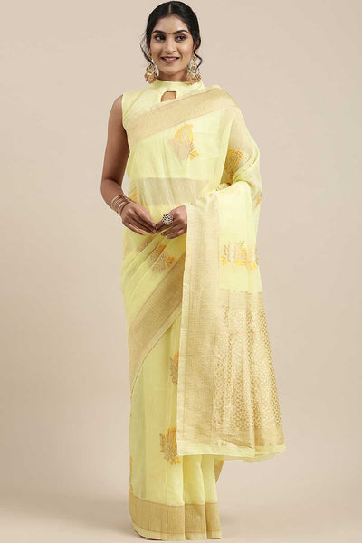Buy Josie Yellow Floral Woven Linen One Minute Saree Online - One Minute Saree