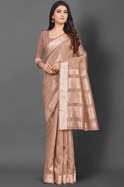 Buy Chayya Beige Linen Geometric Woven Design Banarasi One Minute Saree Online - One Minute Saree