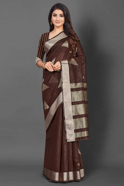 Buy Esha Brown Linen Geometric Woven Design Banarasi One Minute Saree Online - One Minute Saree