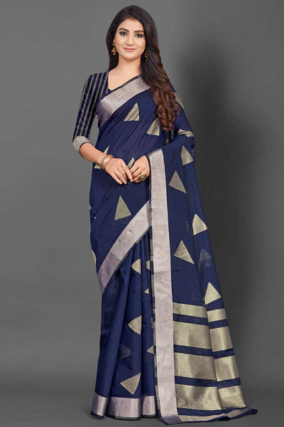 Buy Navy Blue Linen Geometric Woven Design Banarasi One Minute Saree Online - One Minute Saree