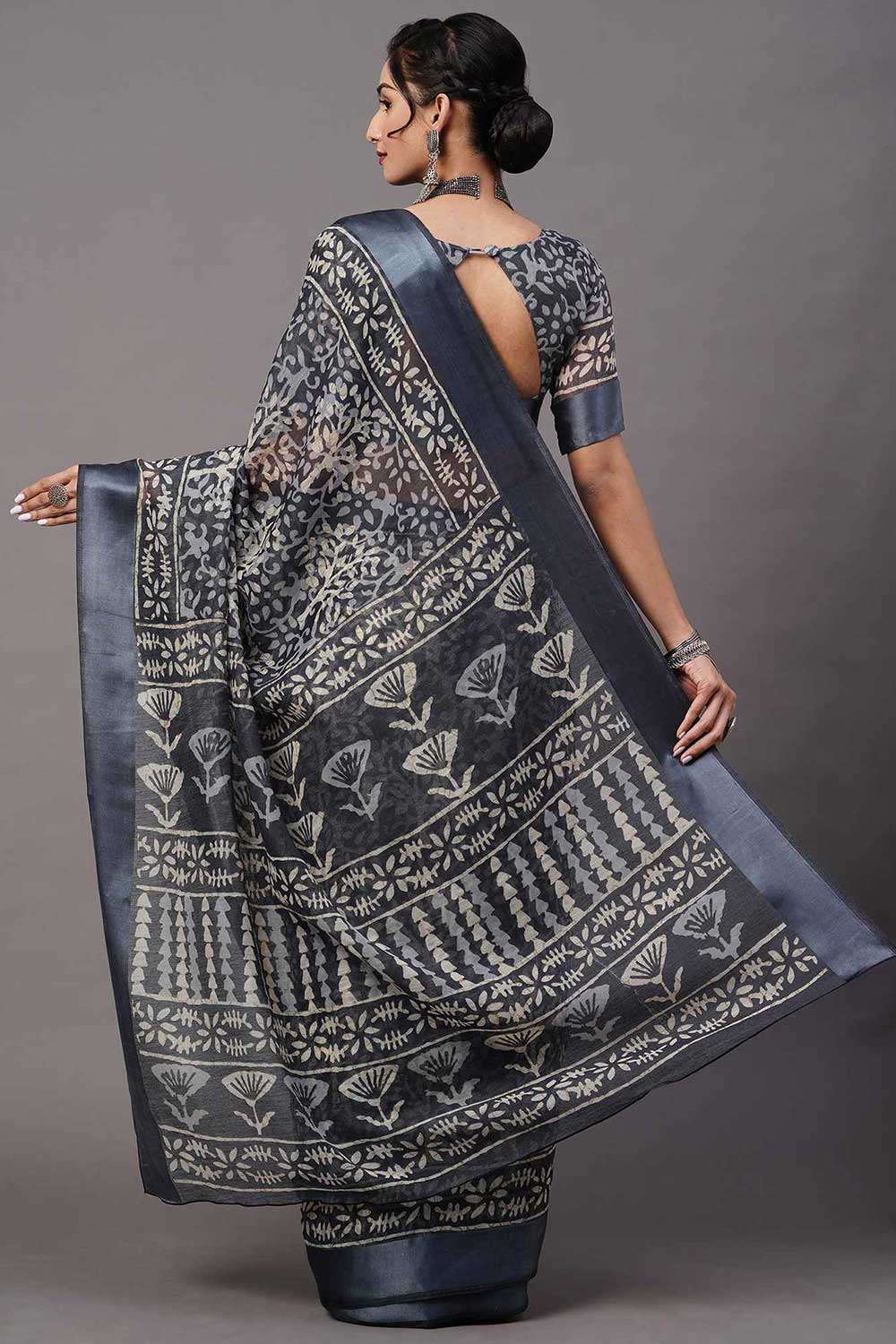 Shop Remi Grey Cotton Blend Ikat Batik Printed One Minute Saree at best offer at our  Store - One Minute Saree